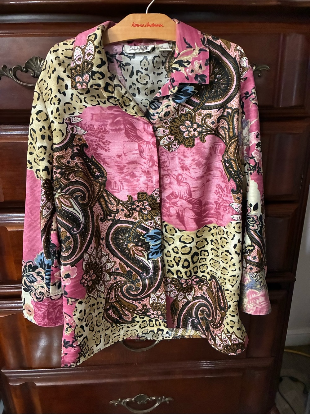 Vintage Selene Sport Mixed Print Blouse - Pink Paisley & Leopard - Size Medium - Picture 2 of 5